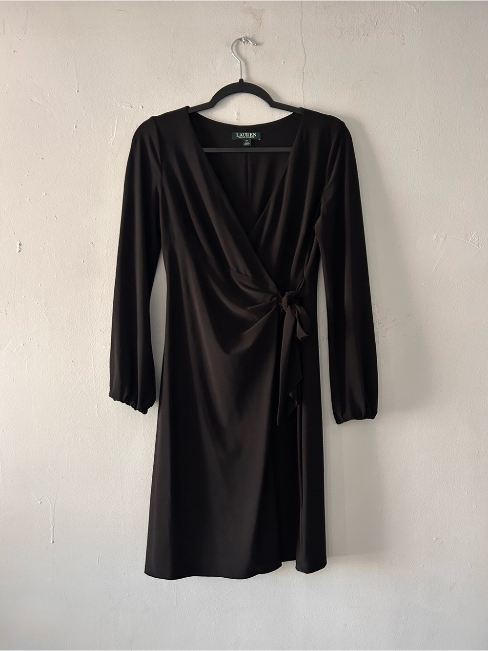 Lauren Ralph Lauren Wrap Midi Dress Longsleeve Size 6P Black Stretch
